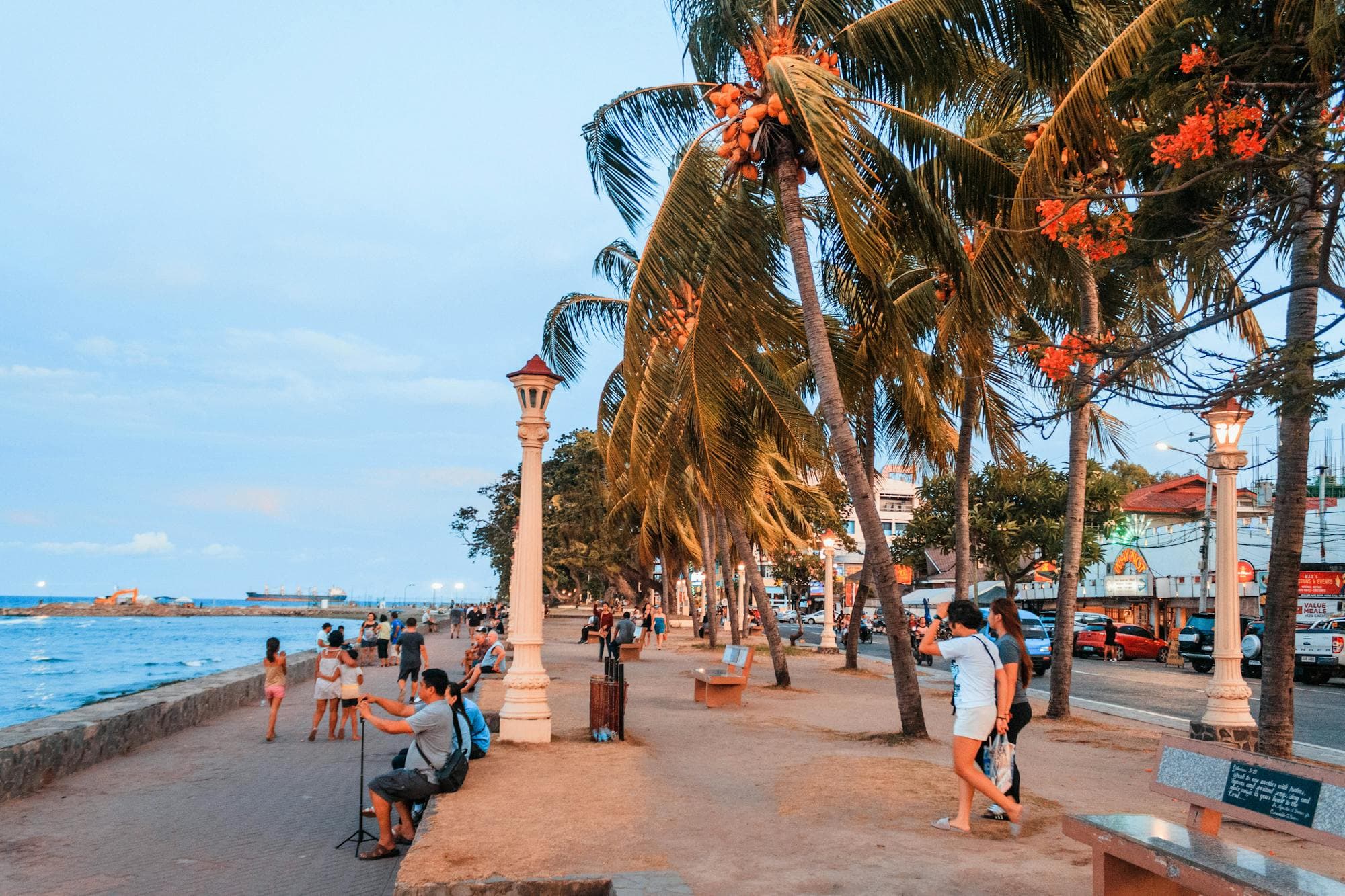The Malecón seaside promenade in Puerto Vallarta at dusk.